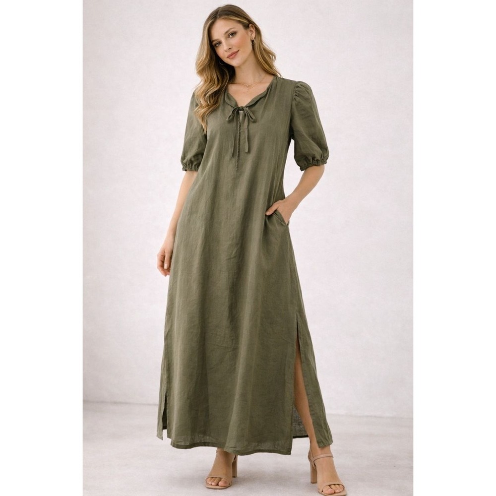 ONLY Olive Green Puff Sleeve Tie Neck Maxi‎ Dress Casual Midi Size XS